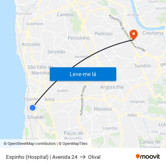 Espinho (Hospital) to Olival map