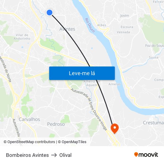 Bombeiros Avintes to Olival map