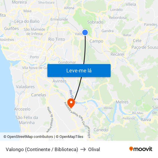Valongo (Continente / Biblioteca) to Olival map