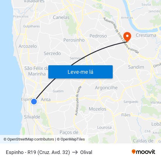 Espinho - R19 (Cruz. Avd. 32) to Olival map