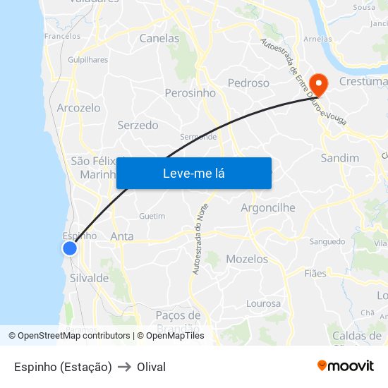 Espinho (Estação) to Olival map