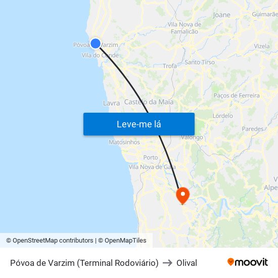 Póvoa de Varzim (Terminal Rodoviário) to Olival map