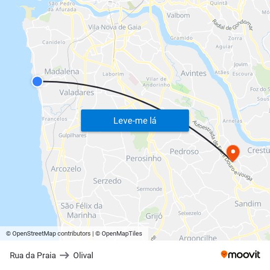 Rua da Praia to Olival map