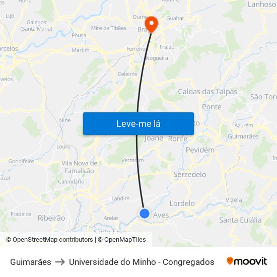 Guimarães to Universidade do Minho - Congregados map