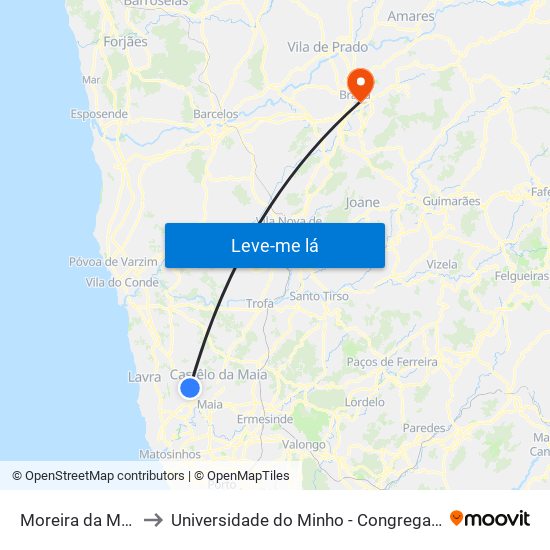 Moreira da Maia to Universidade do Minho - Congregados map