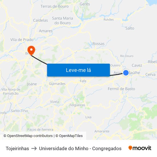Tojeirinhas to Universidade do Minho - Congregados map