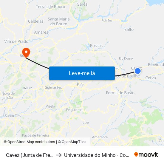 Cavez (Junta de Freguesia) to Universidade do Minho - Congregados map