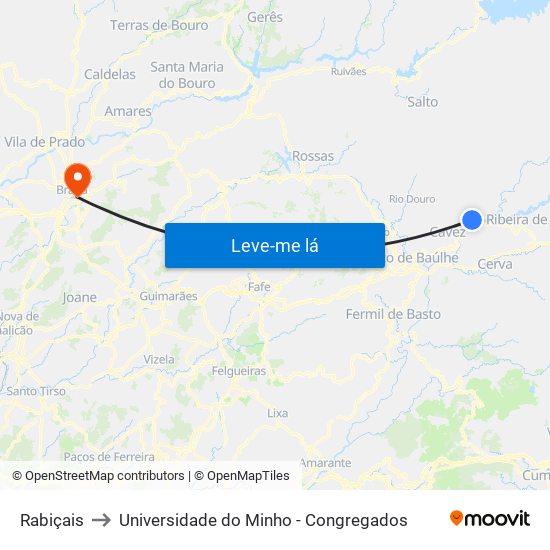 Rabiçais to Universidade do Minho - Congregados map