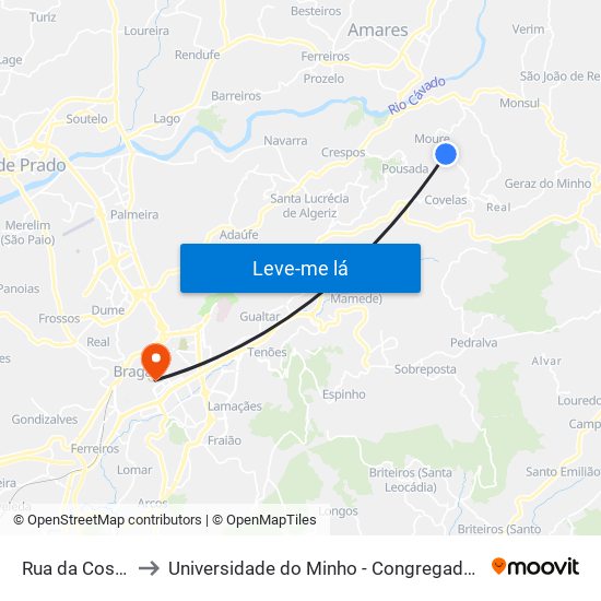 Rua da Costa to Universidade do Minho - Congregados map