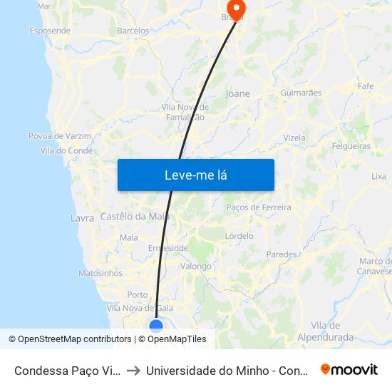 Condessa Paço Vitorino to Universidade do Minho - Congregados map