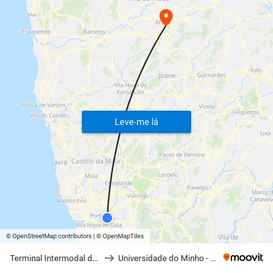 Terminal Intermodal de Campanhã to Universidade do Minho - Congregados map