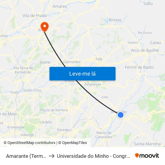 Terminal Rodoviário Amarante to Universidade do Minho - Congregados map