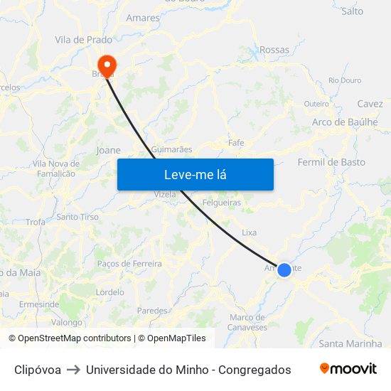 Clipóvoa to Universidade do Minho - Congregados map