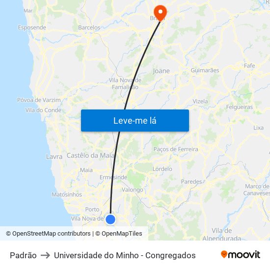 Padrão to Universidade do Minho - Congregados map