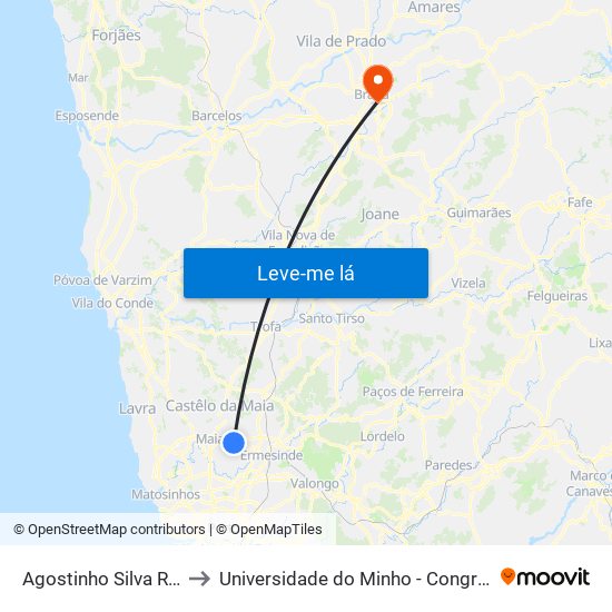 Agostinho Silva Rocha to Universidade do Minho - Congregados map