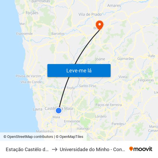 Estação Castêlo da Maia to Universidade do Minho - Congregados map
