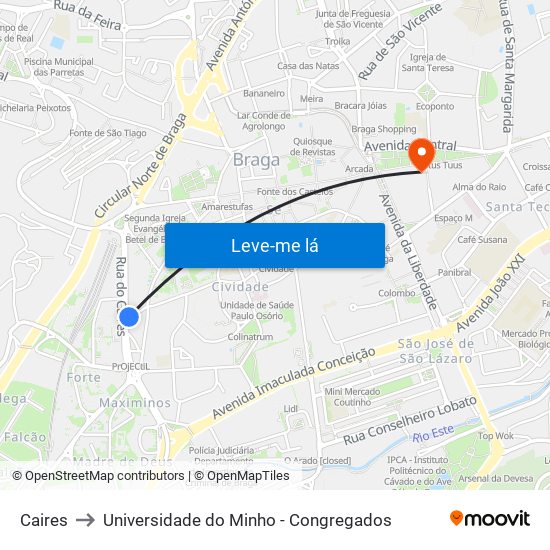 Caires to Universidade do Minho - Congregados map