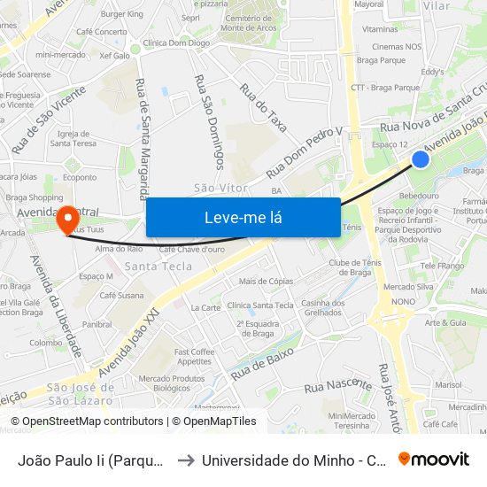 João Paulo Ii (Parque Rodovia) to Universidade do Minho - Congregados map