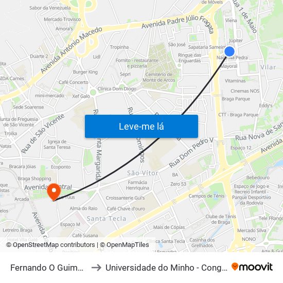 Fernando O Guimarães I to Universidade do Minho - Congregados map