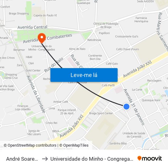 ANDRÉ SOARES II to Universidade do Minho - Congregados map