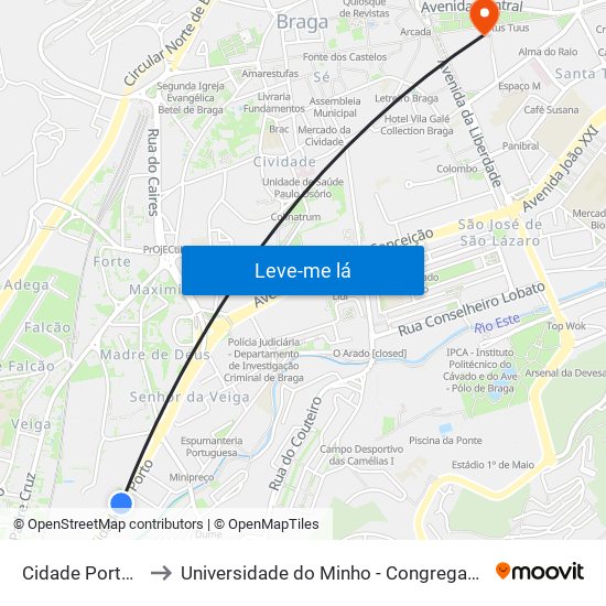 Cidade Porto Ii to Universidade do Minho - Congregados map