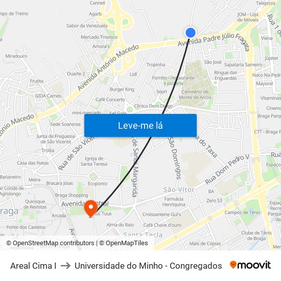 Areal Cima I to Universidade do Minho - Congregados map