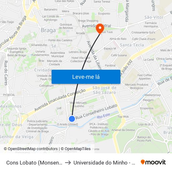 Cons Lobato (Monsenhor Airosa) to Universidade do Minho - Congregados map