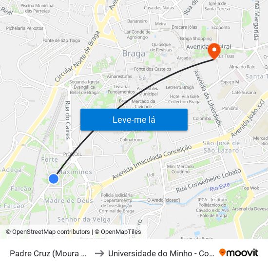 Padre Cruz (Moura Coutinho) to Universidade do Minho - Congregados map