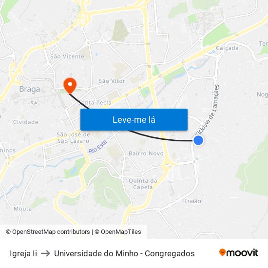 Igreja Ii to Universidade do Minho - Congregados map