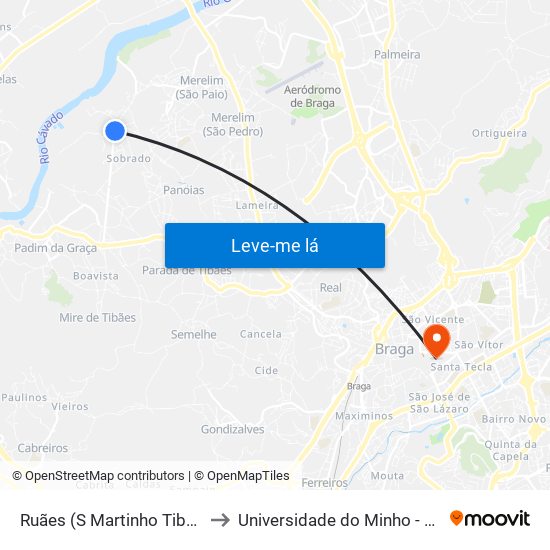 Ruães (S Martinho Tibães-Verdes) to Universidade do Minho - Congregados map