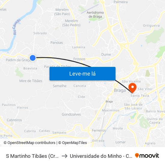 S Martinho Tibães (Cruzamento) to Universidade do Minho - Congregados map