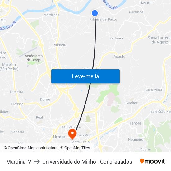 Marginal V to Universidade do Minho - Congregados map