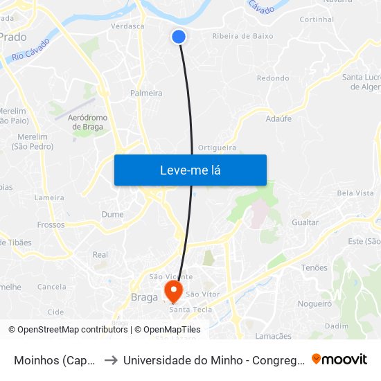 Moinhos (Capela) to Universidade do Minho - Congregados map