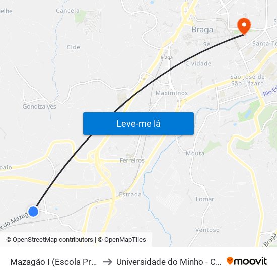 Mazagão I (Escola Profissional) to Universidade do Minho - Congregados map
