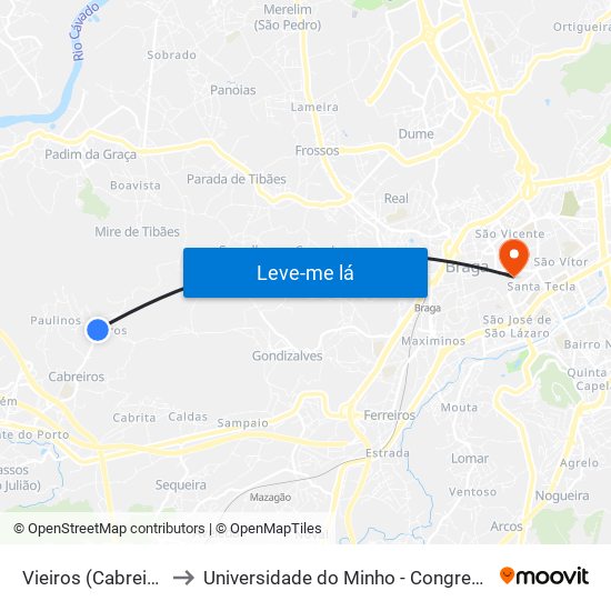 Vieiros (Cabreiros) to Universidade do Minho - Congregados map
