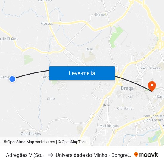 Adregães V (Souto) to Universidade do Minho - Congregados map