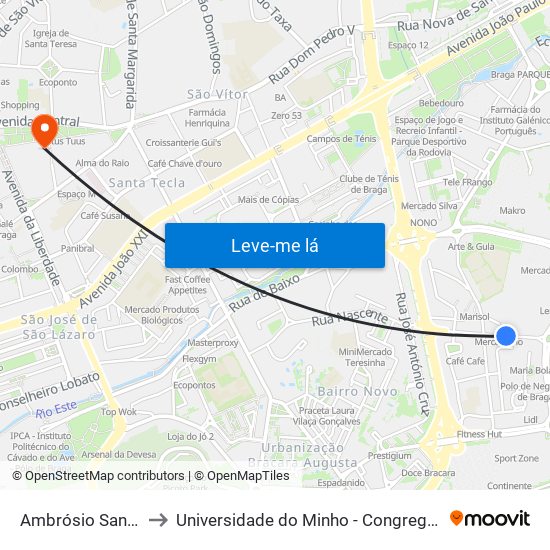 Ambrósio Santos to Universidade do Minho - Congregados map