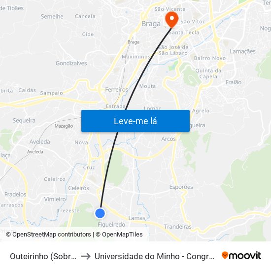 Outeirinho (Sobrado) to Universidade do Minho - Congregados map