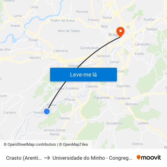 Crasto (Arentim) to Universidade do Minho - Congregados map