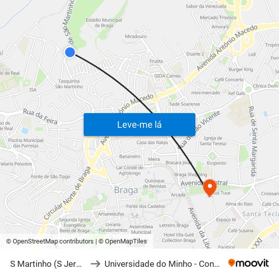 S Martinho (S Jerónimo) to Universidade do Minho - Congregados map