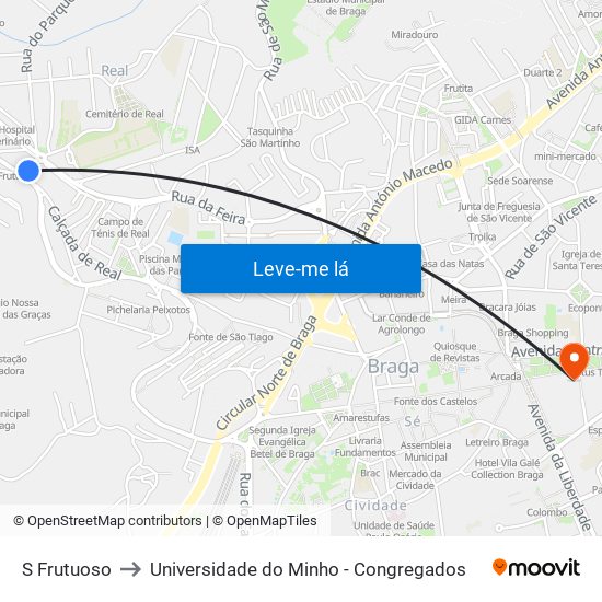 S Frutuoso to Universidade do Minho - Congregados map