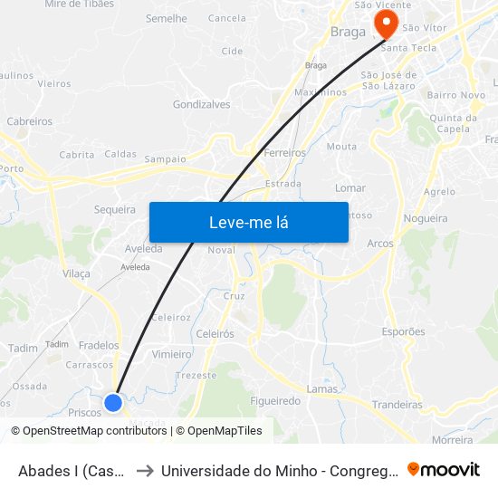 ABADES I (CASTRO) to Universidade do Minho - Congregados map