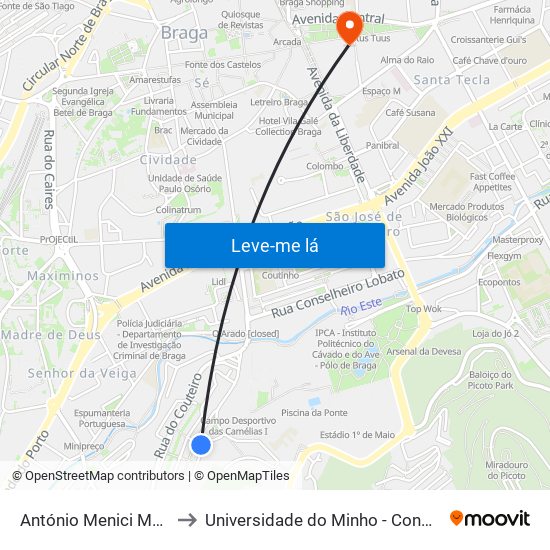 António Menici Malheiro to Universidade do Minho - Congregados map