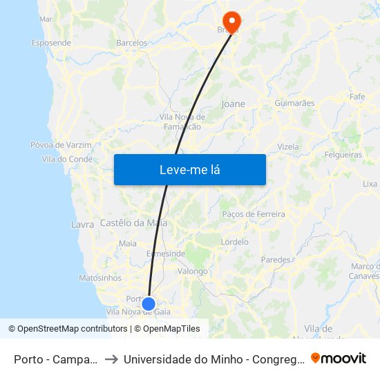 Porto - Campanhã to Universidade do Minho - Congregados map