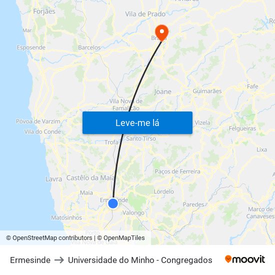 Ermesinde to Universidade do Minho - Congregados map