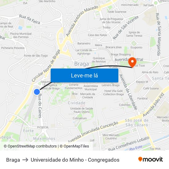 Braga to Universidade do Minho - Congregados map