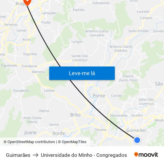 Guimarães to Universidade do Minho - Congregados map