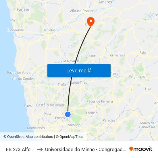 EB 2/3 Alfena to Universidade do Minho - Congregados map