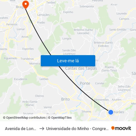 Avenida de Londres to Universidade do Minho - Congregados map