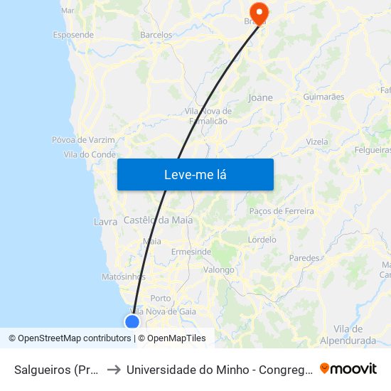 Salgueiros (Praia) to Universidade do Minho - Congregados map